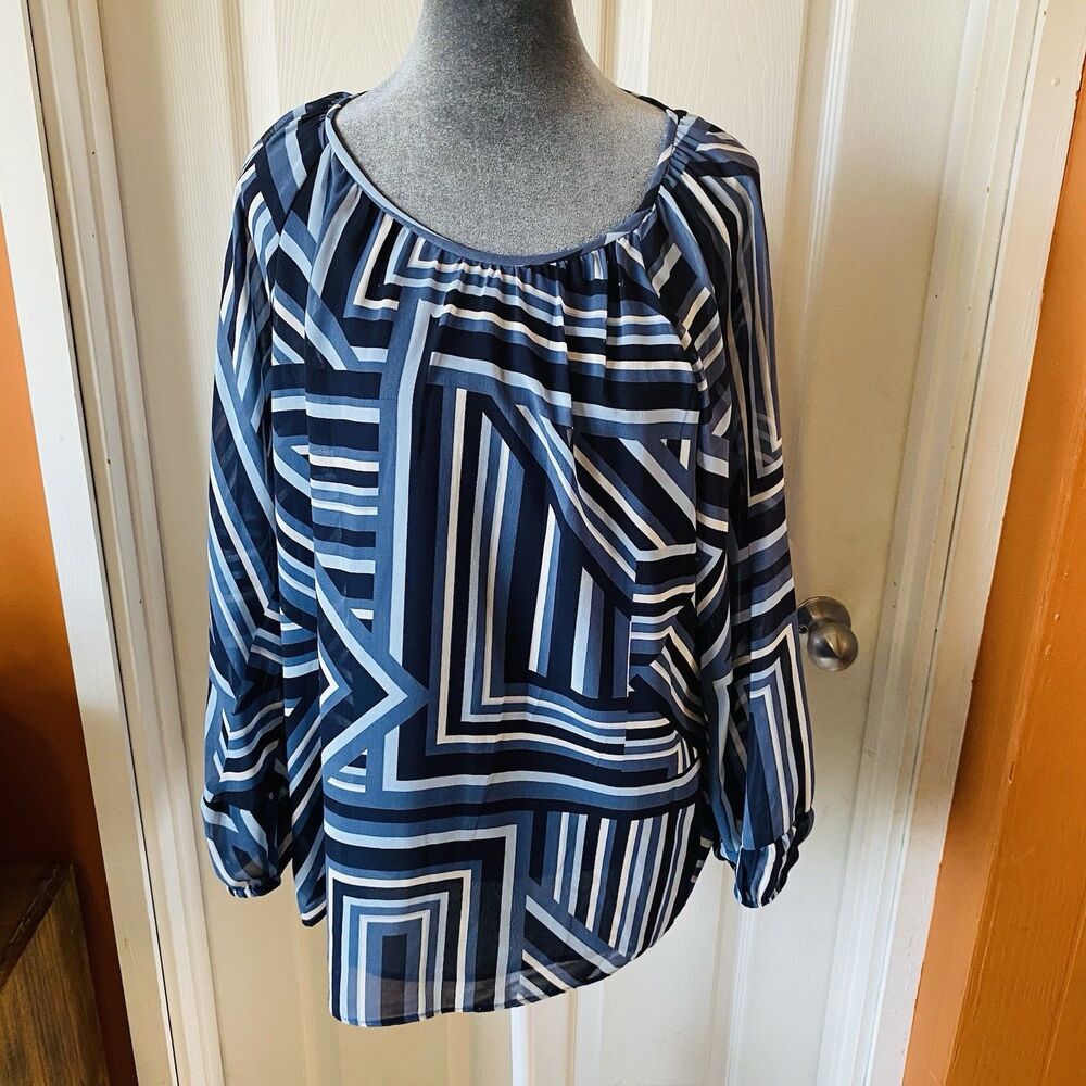 Calvin Klein Blouse Women’s Size Large Striped Scoop Neck 3/4 Sleeve Lined